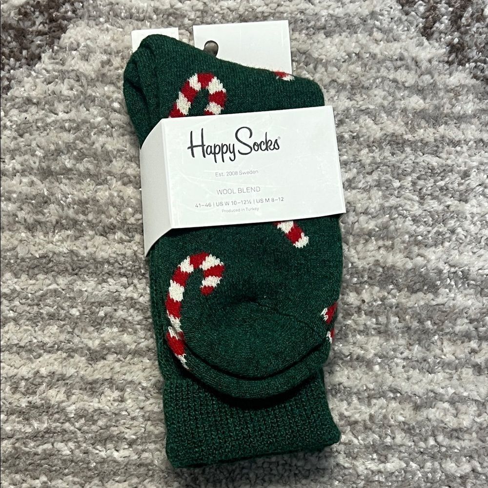 Happy Socks Green Candy Cane Wool Christmas Socks US W 10-12.5 M 8-12